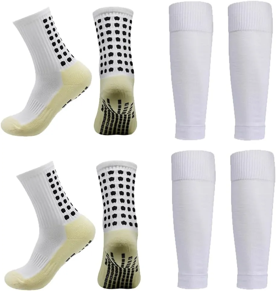 2 Set Anti-Slip Grip Soccer Socks with Shin Guard Sleeves, Sports Athletic Socks for Men Women