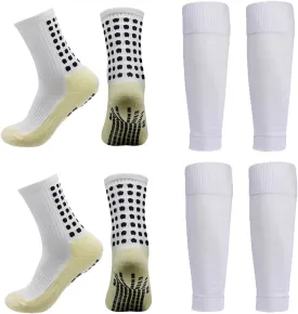 2 Set Anti-Slip Grip Soccer Socks with Shin Guard Sleeves, Sports Athletic Socks for Men Women