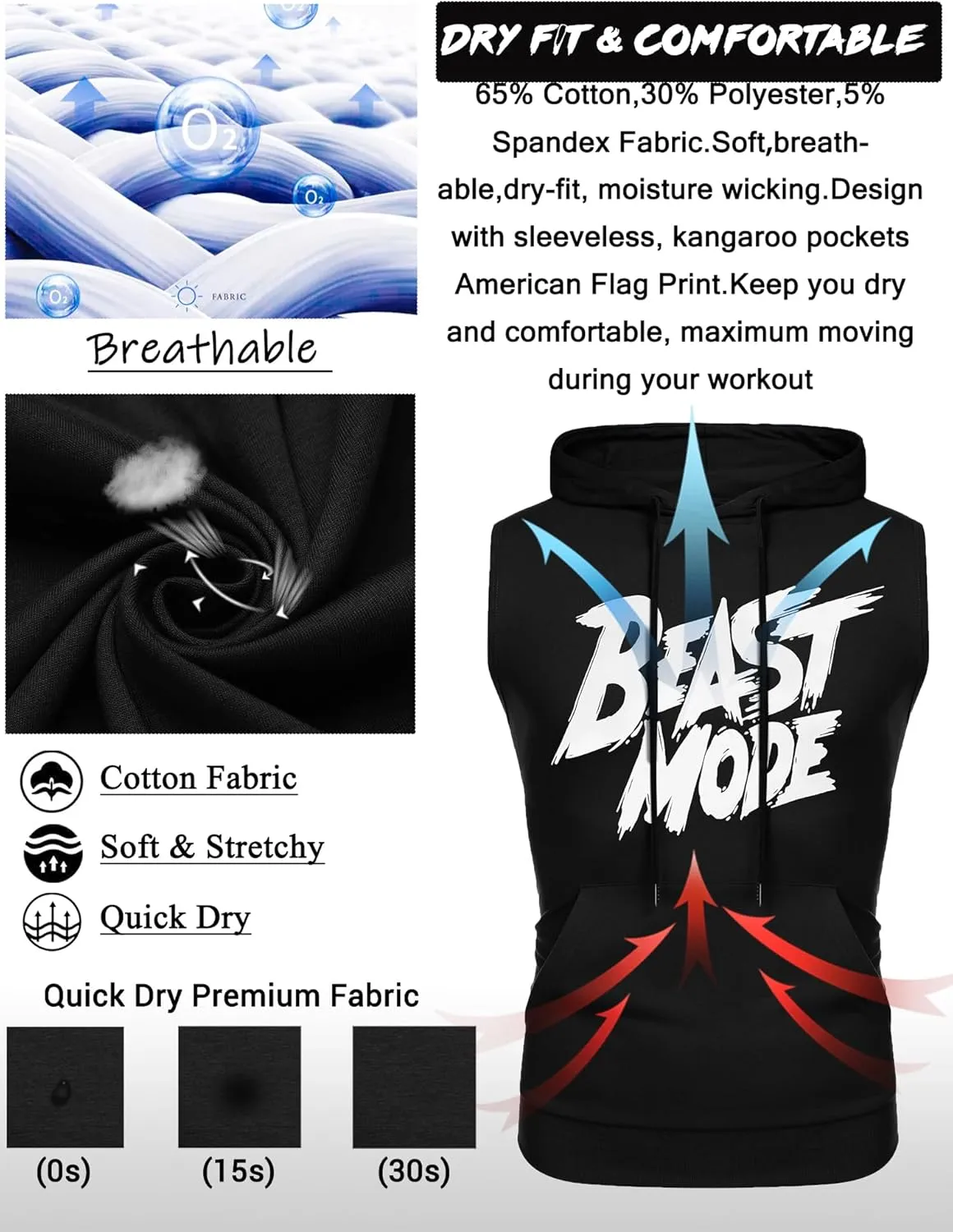 Amussiar Men's Workout Hooded Tank Tops Sleeveless Gym Training Hoodies Bodybuilding Muscle Cut Off T Shirt