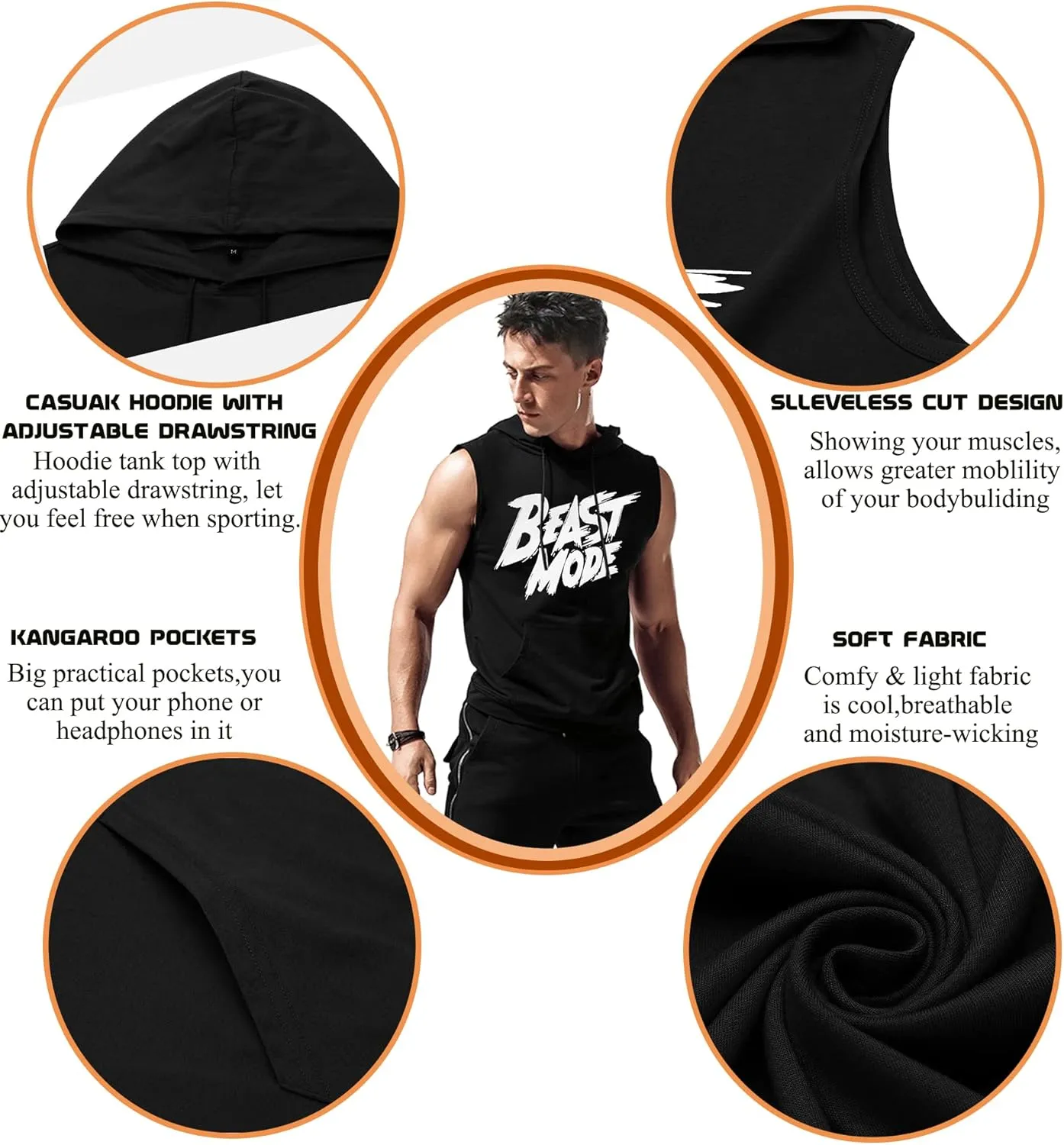 Amussiar Men's Workout Hooded Tank Tops Sleeveless Gym Training Hoodies Bodybuilding Muscle Cut Off T Shirt