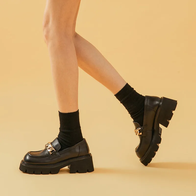 BeauToday Platform Lug Sole Loafers with Metal Chain Decor for Women