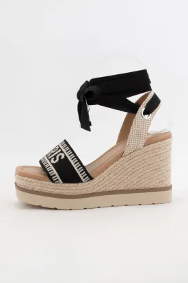 Black/Beige Times City Name Embroidered Upper Wedge Heel