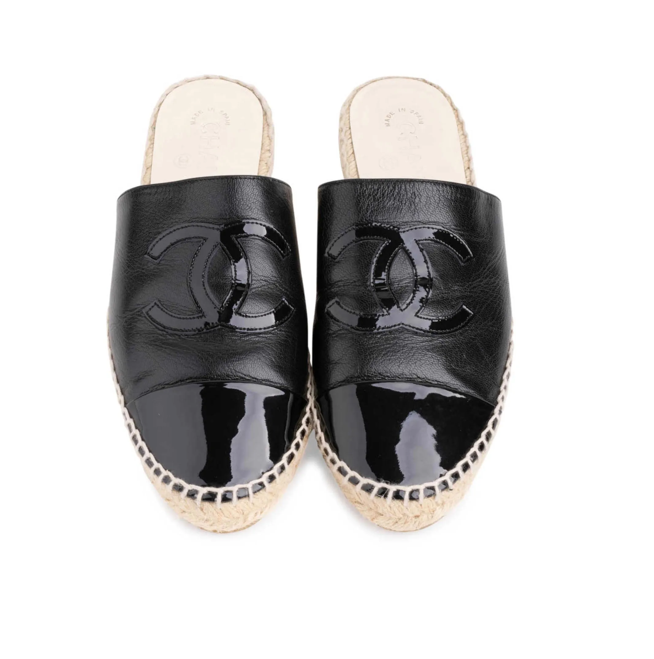 CHANEL CC CAP TOE LEATHER ESPADRILLE MULES