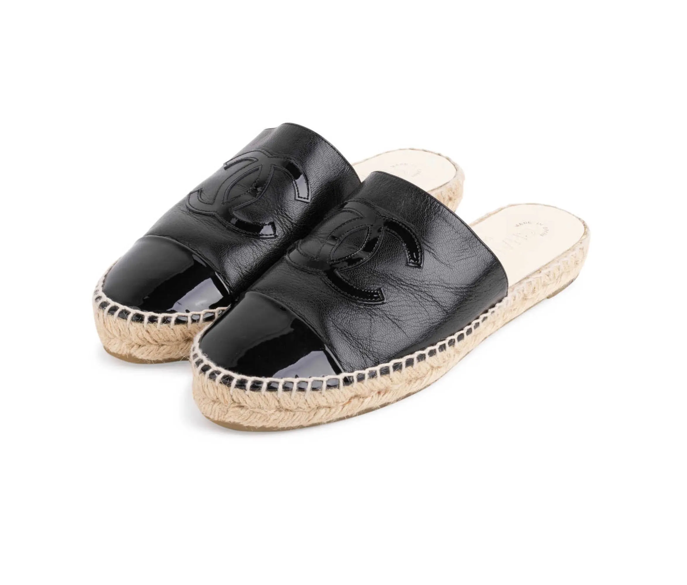 CHANEL CC CAP TOE LEATHER ESPADRILLE MULES