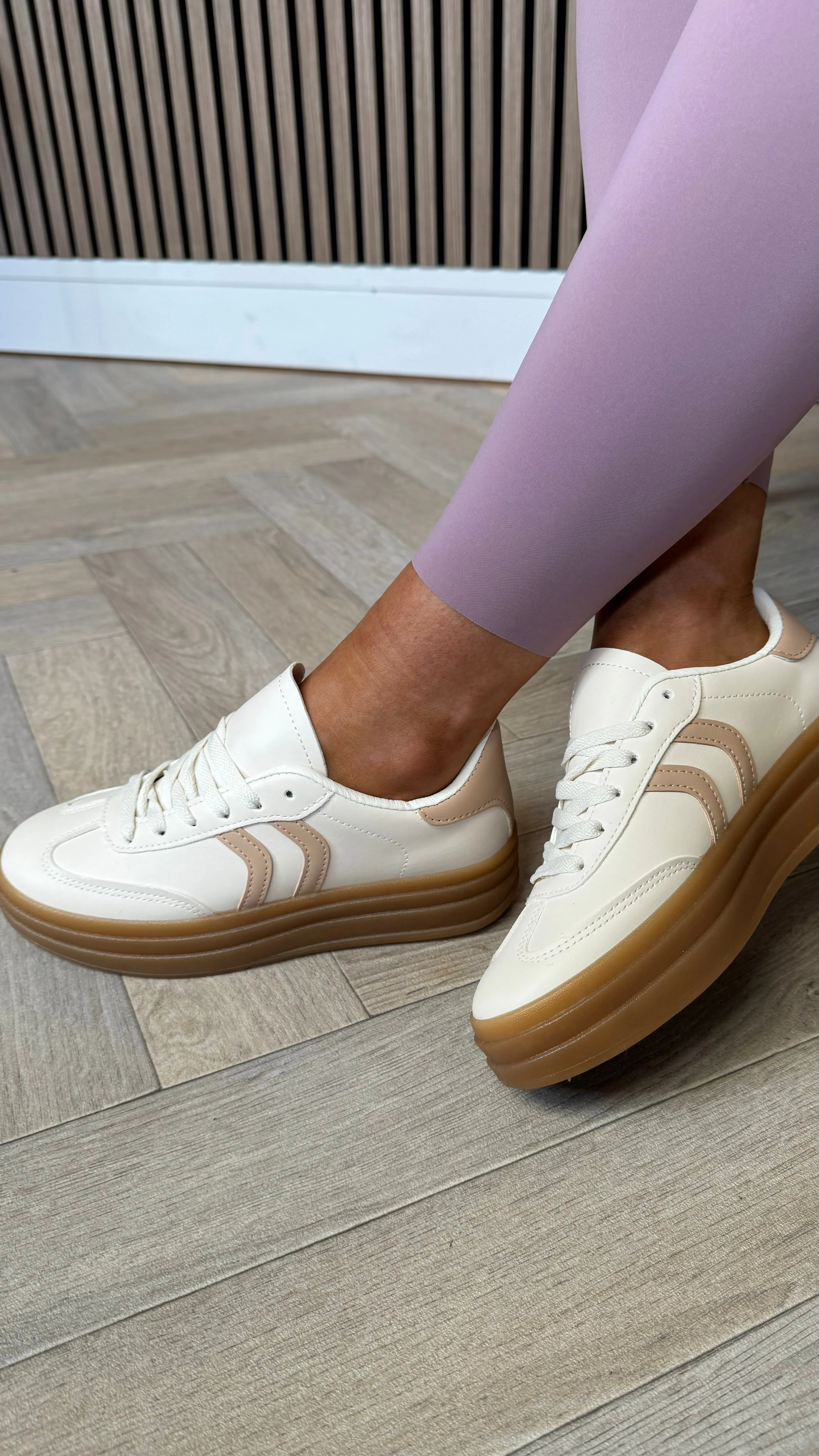 Kasie Beige With Taupe Stripes Chunky Sole Trainers
