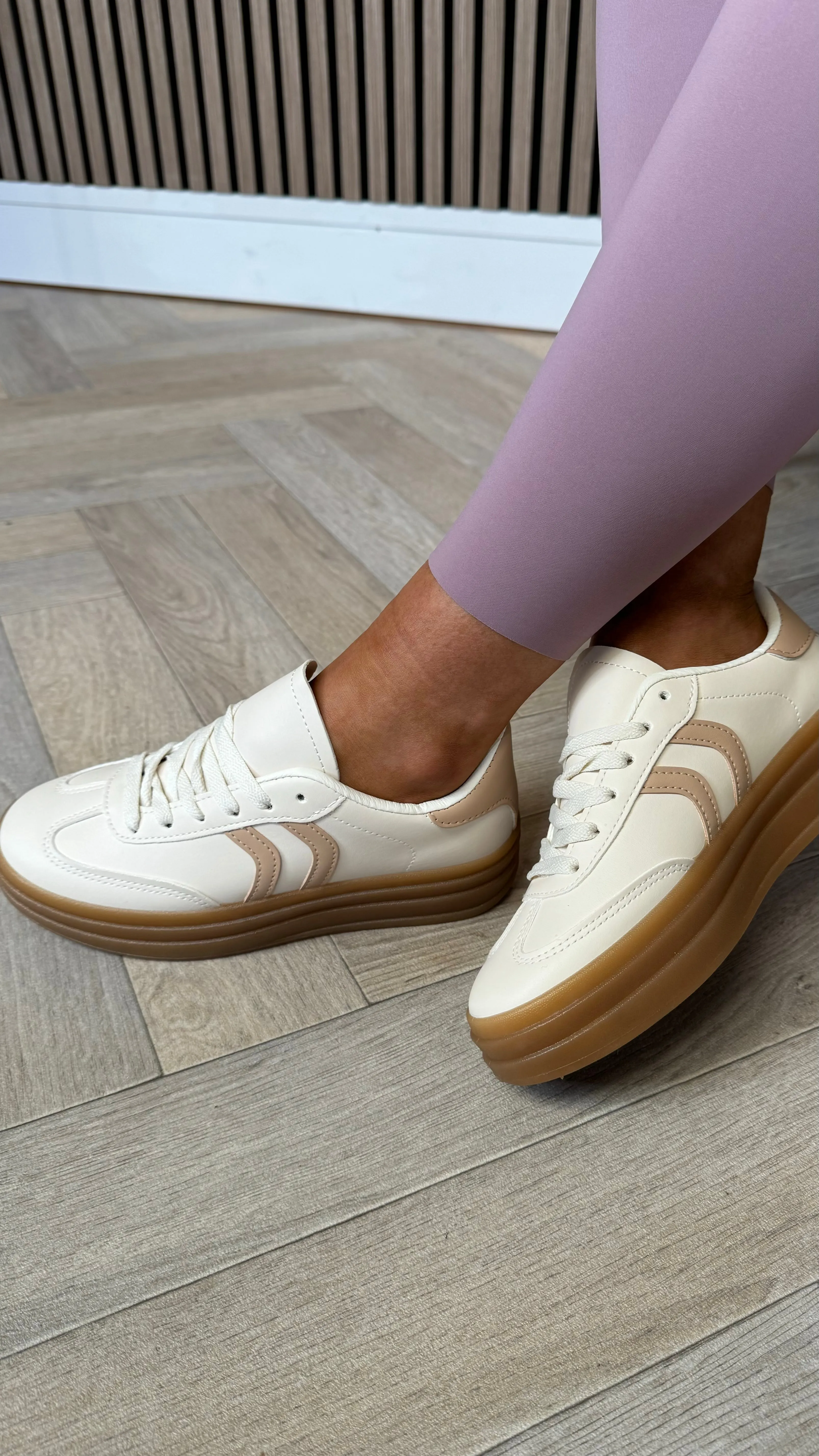 Kasie Beige With Taupe Stripes Chunky Sole Trainers