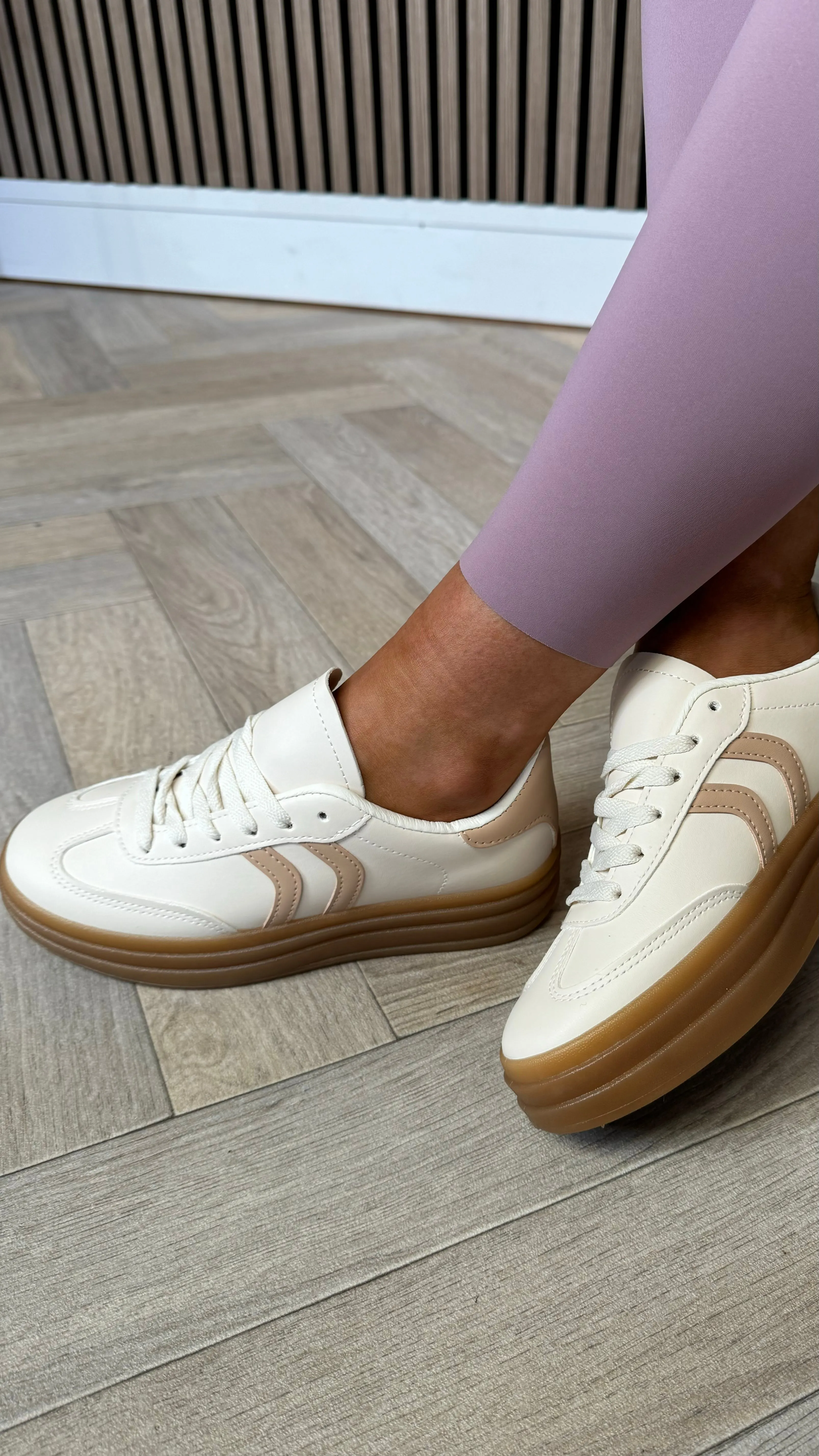 Kasie Beige With Taupe Stripes Chunky Sole Trainers