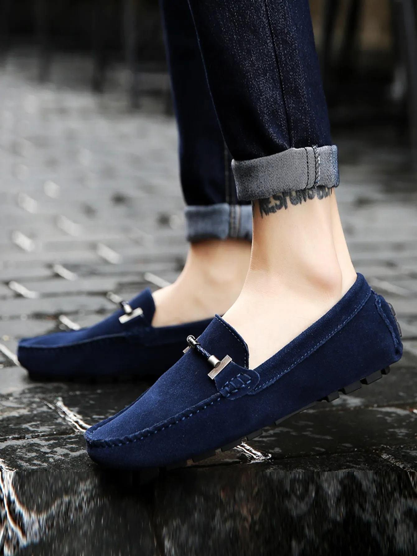 Metal Decor Casual Leisure Outdoor Navy Blue Faux Suede Loafers