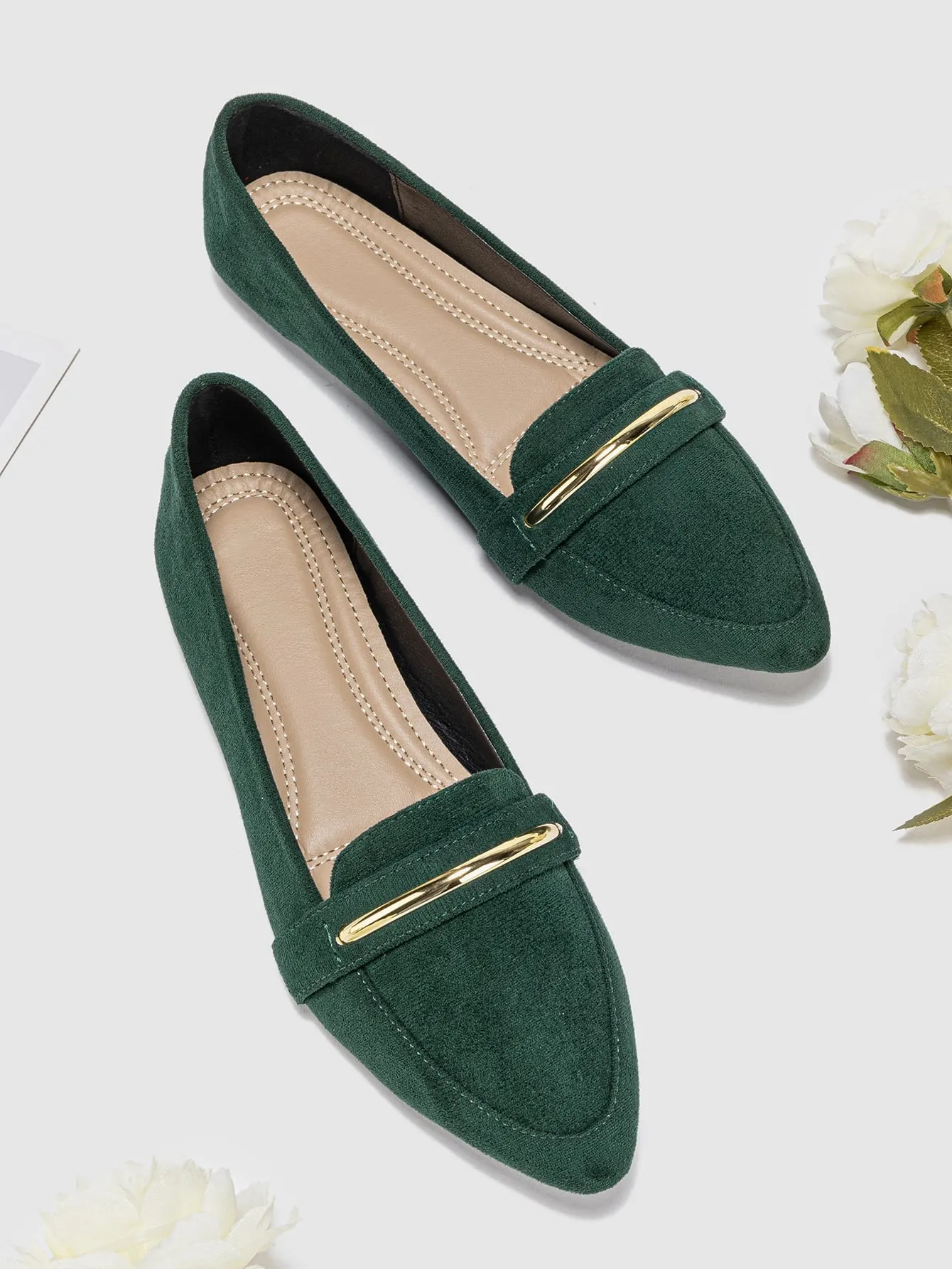 Metallic Decor Suedette Loafers, Blue Elegant Solid Color Loafers Made Of Pure Metal