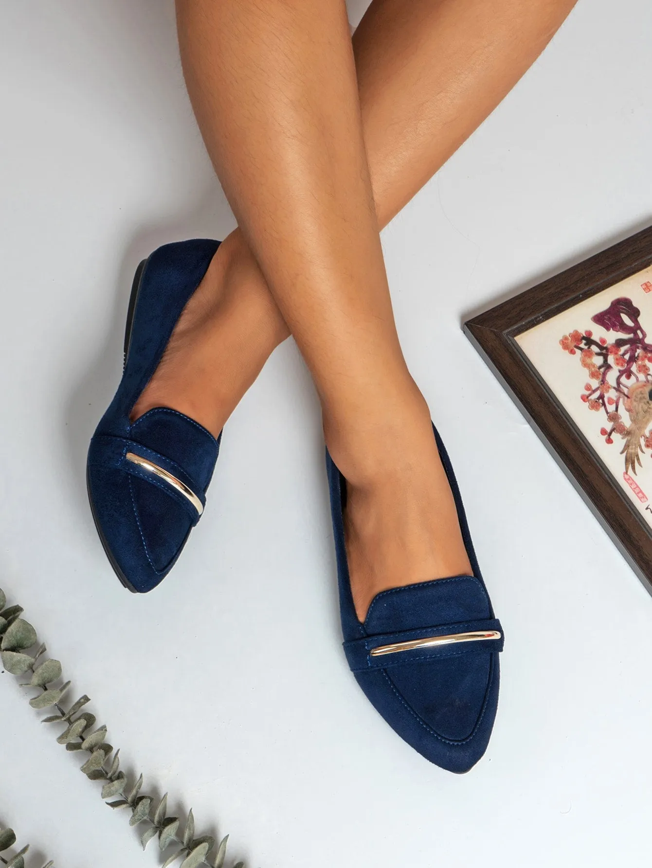 Metallic Decor Suedette Loafers, Blue Elegant Solid Color Loafers Made Of Pure Metal