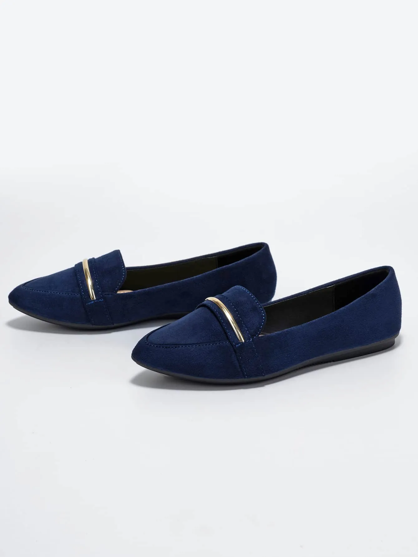Metallic Decor Suedette Loafers, Blue Elegant Solid Color Loafers Made Of Pure Metal