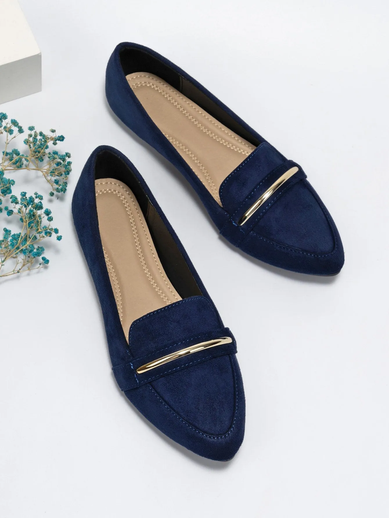 Metallic Decor Suedette Loafers, Blue Elegant Solid Color Loafers Made Of Pure Metal