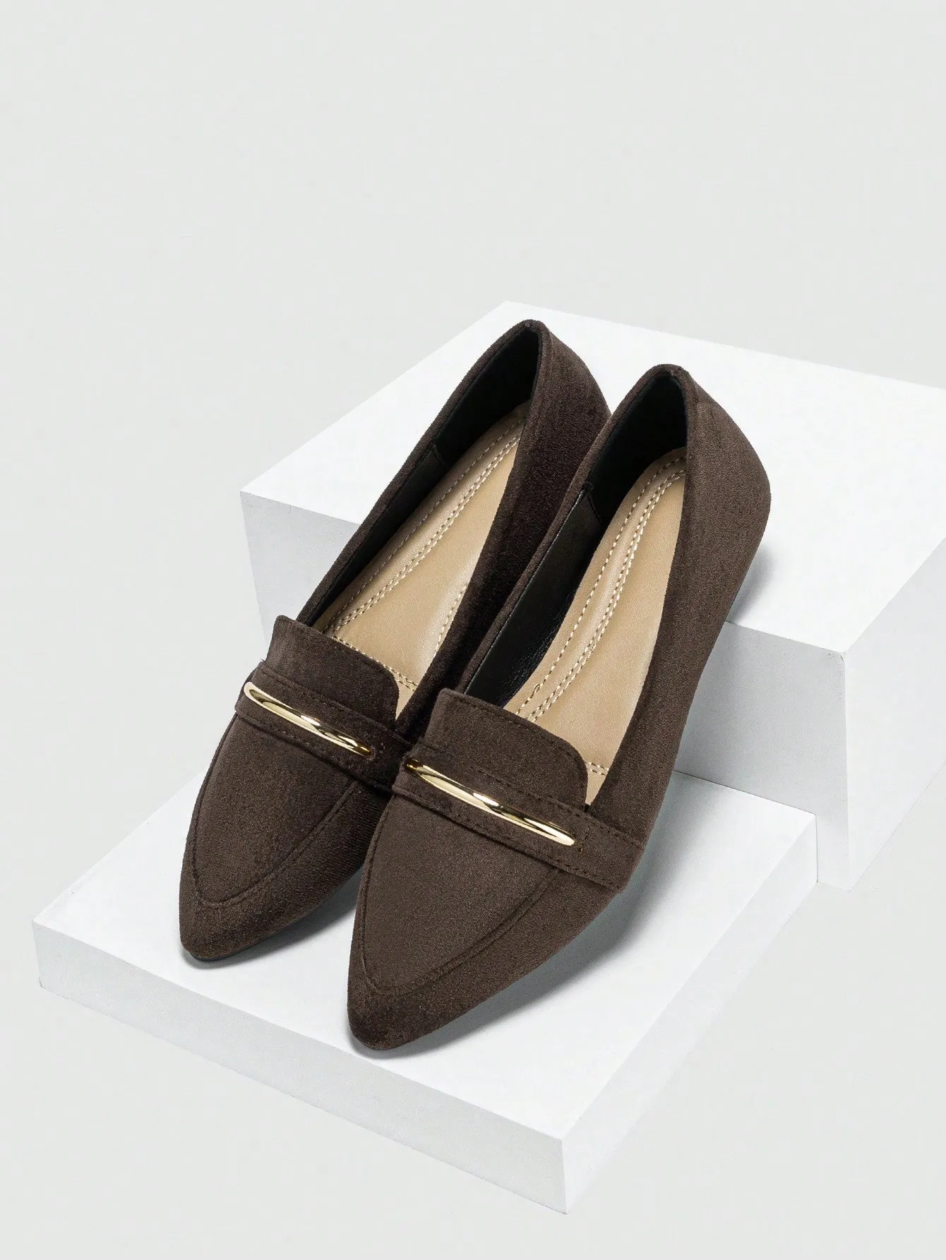 Metallic Decor Suedette Loafers, Blue Elegant Solid Color Loafers Made Of Pure Metal