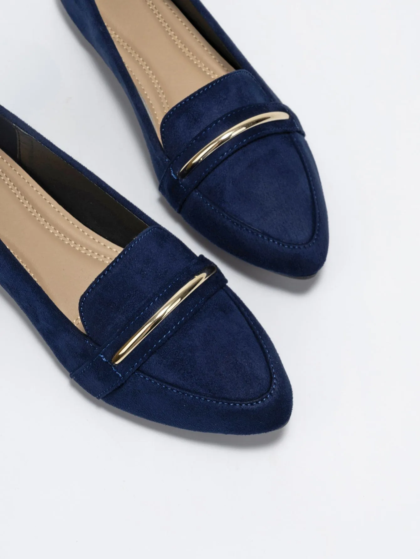 Metallic Decor Suedette Loafers, Blue Elegant Solid Color Loafers Made Of Pure Metal