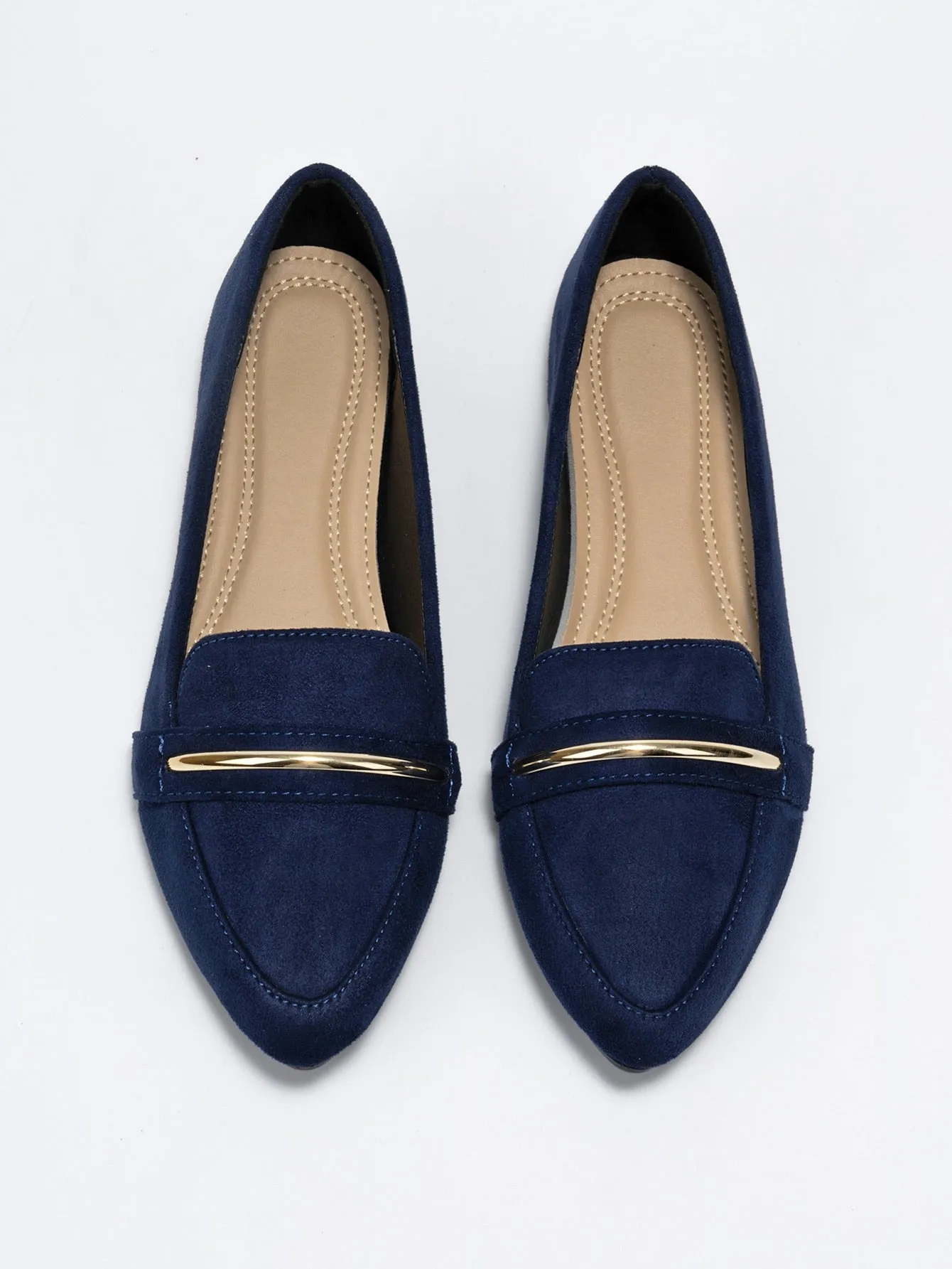 Metallic Decor Suedette Loafers, Blue Elegant Solid Color Loafers Made Of Pure Metal