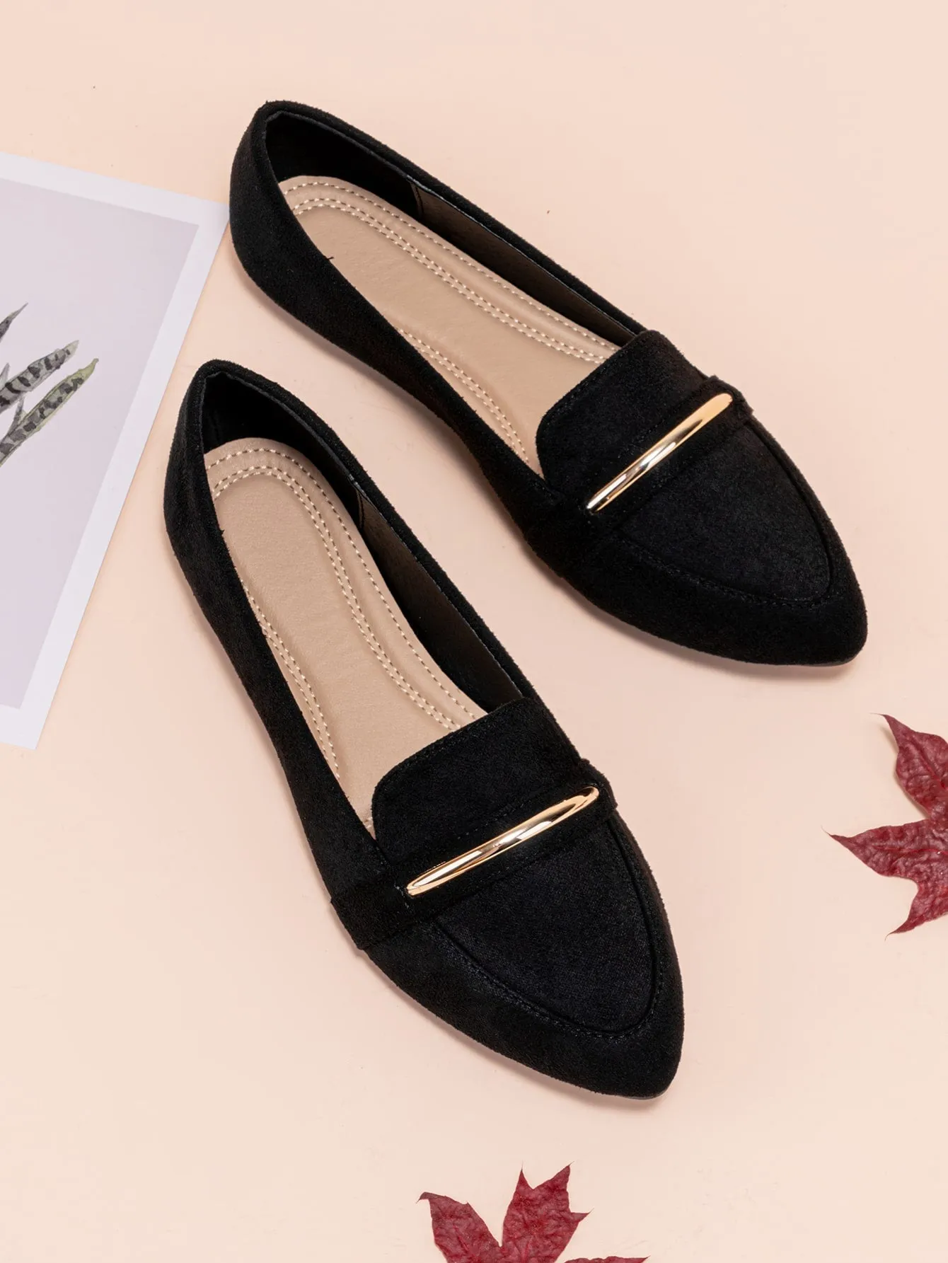 Metallic Decor Suedette Loafers, Blue Elegant Solid Color Loafers Made Of Pure Metal