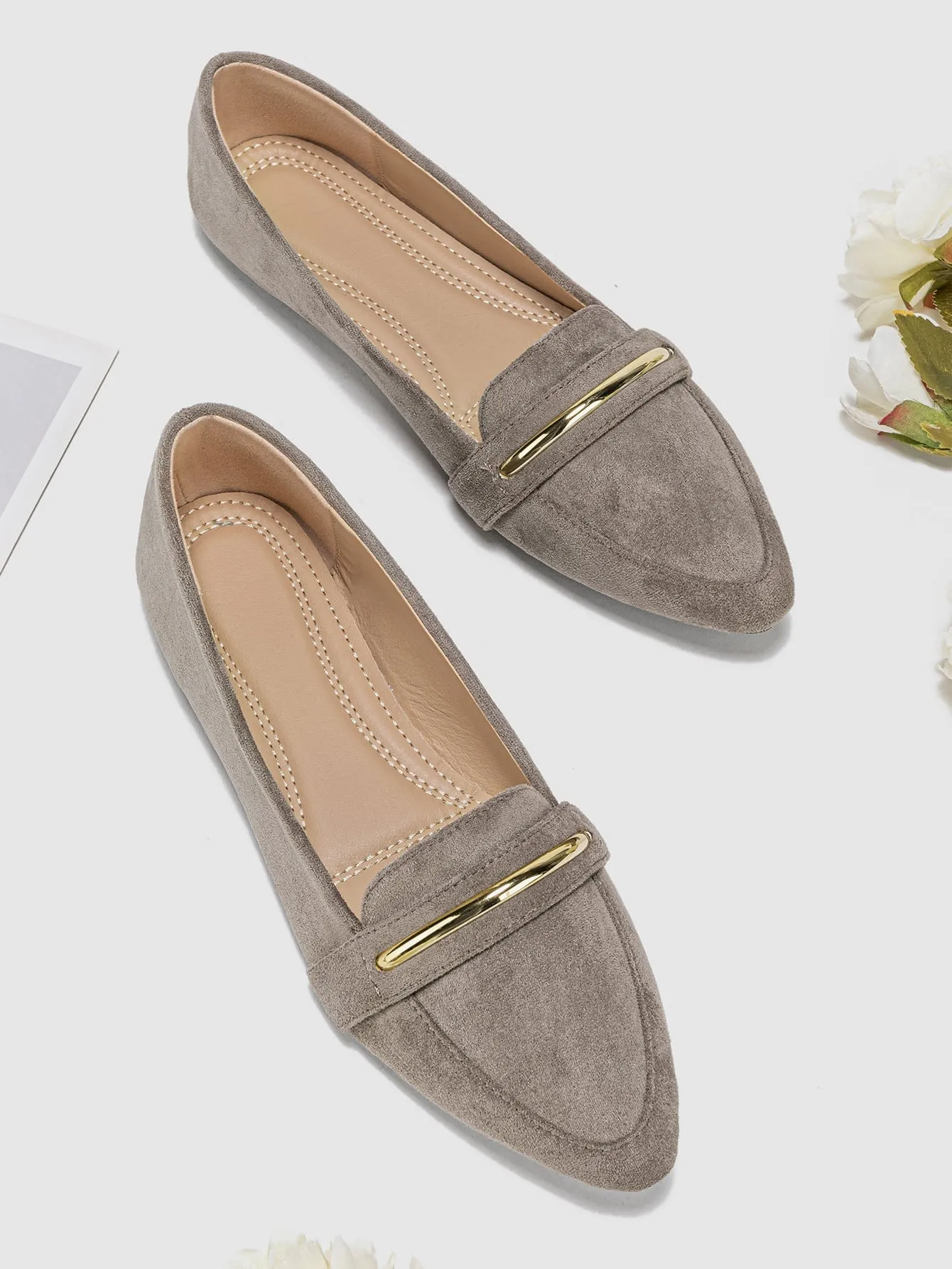 Metallic Decor Suedette Loafers, Blue Elegant Solid Color Loafers Made Of Pure Metal
