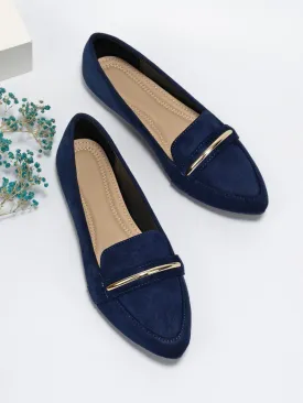 Metallic Decor Suedette Loafers, Blue Elegant Solid Color Loafers Made Of Pure Metal