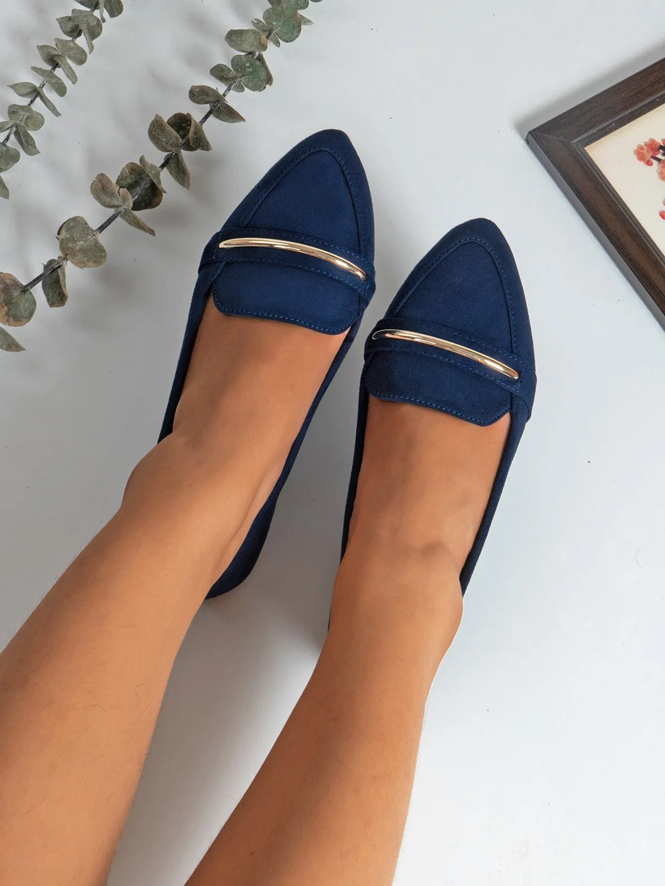 Metallic Decor Suedette Loafers, Blue Elegant Solid Color Loafers Made Of Pure Metal