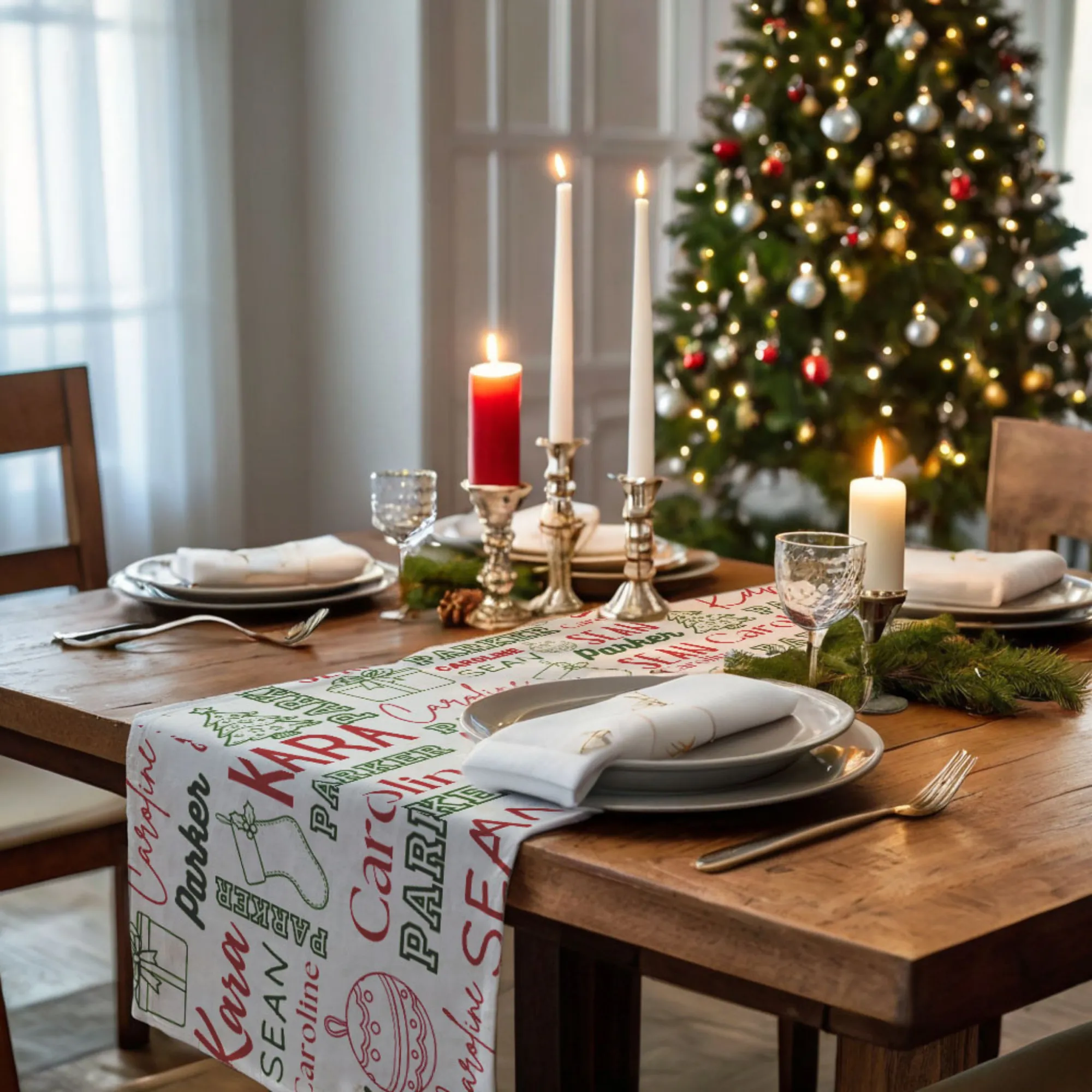 Personalized Christmas Table Runner Linen Holiday Table Runner Extra Long Fabric Table Cloth for Christmas Dining Room Holiday Decor