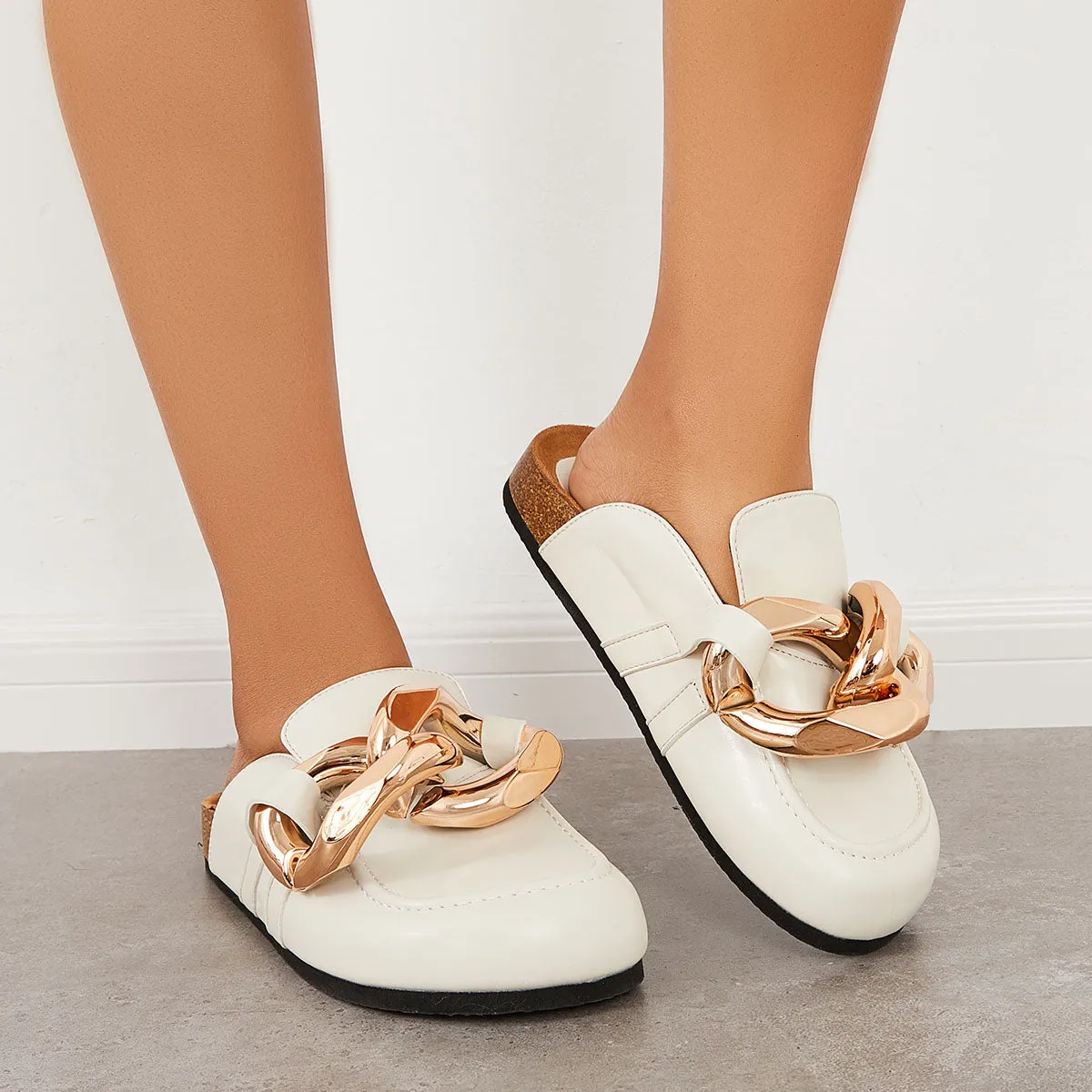 Sohiwoo Women Chain Decor Flat Mule Shoes Slip on Backless Loafers