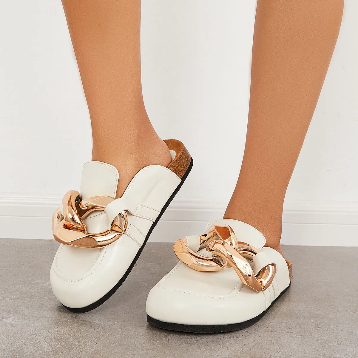Sohiwoo Women Chain Decor Flat Mule Shoes Slip on Backless Loafers