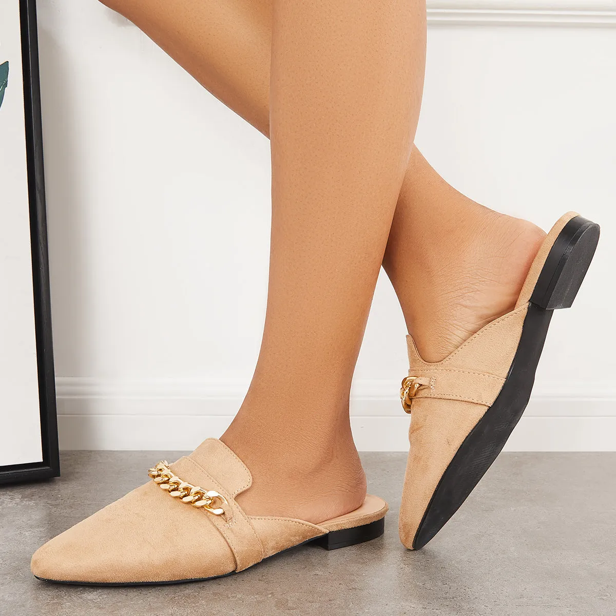 Sohiwoo Women Chain Flat Mules Pointed Toe Slip on Backless Loafer Shoes