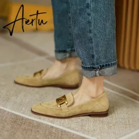 Women Shoes Genuine Leather Flats Loafers Round Toe Sheep Suede Metal Decor Slip-on Footwear Ladies Cozy Casual Shoes  New
