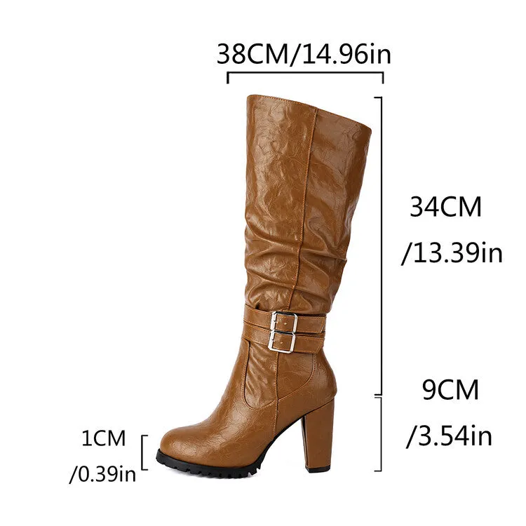 Women's Buckle Platform Block Heel Knee-High Boots