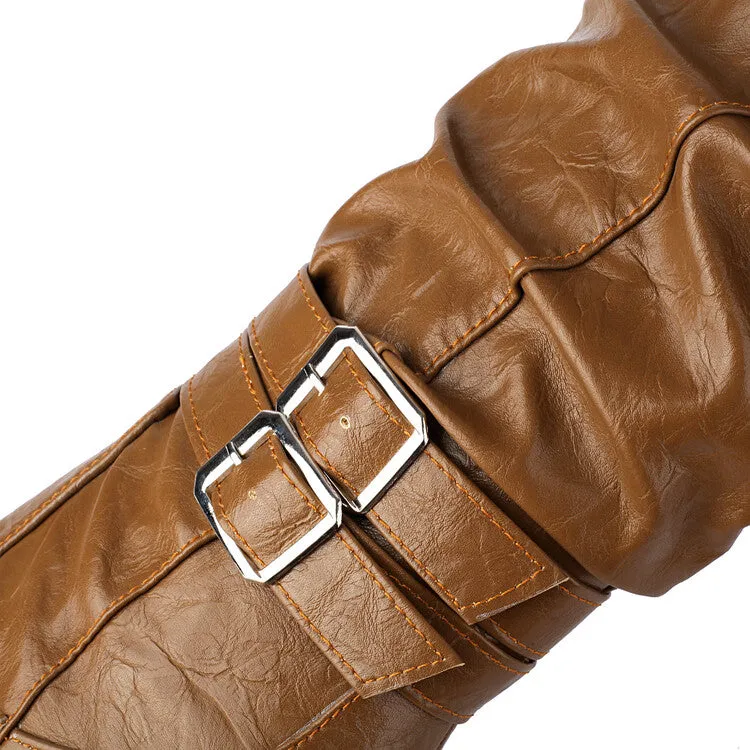 Women's Buckle Platform Block Heel Knee-High Boots