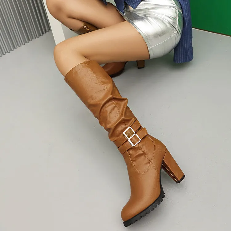 Women's Buckle Platform Block Heel Knee-High Boots