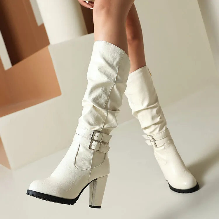 Women's Buckle Platform Block Heel Knee-High Boots