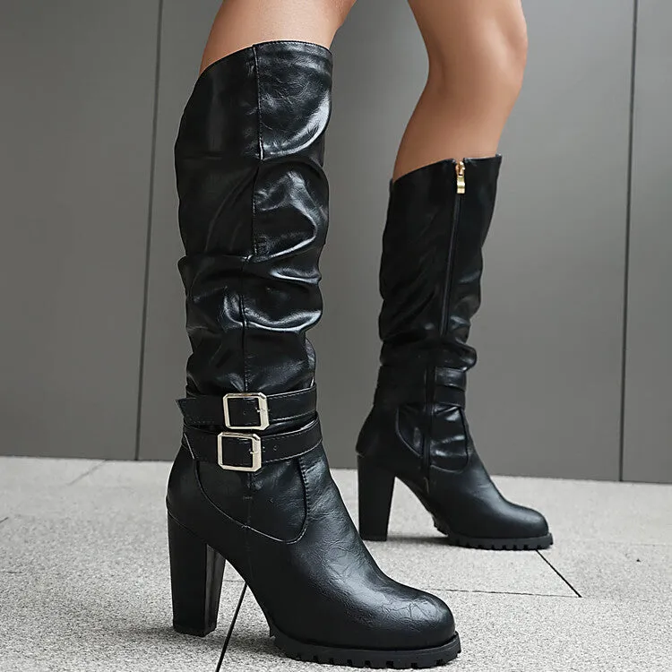 Women's Buckle Platform Block Heel Knee-High Boots