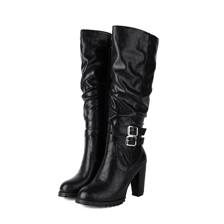 Women's Buckle Platform Block Heel Knee-High Boots