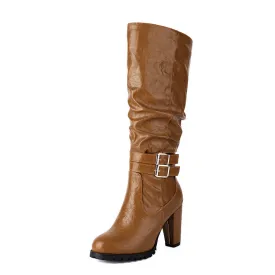 Women's Buckle Platform Block Heel Knee-High Boots