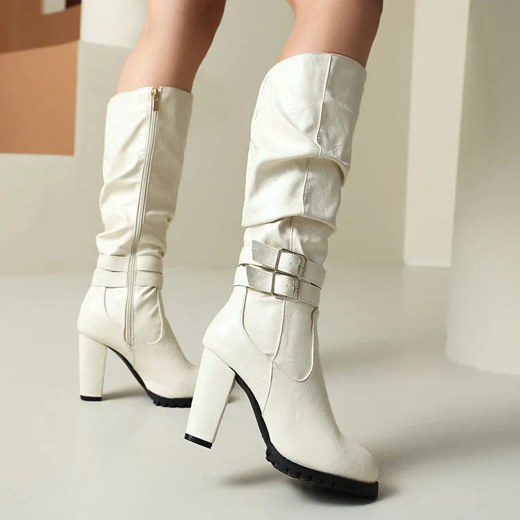 Women's Buckle Platform Block Heel Knee-High Boots