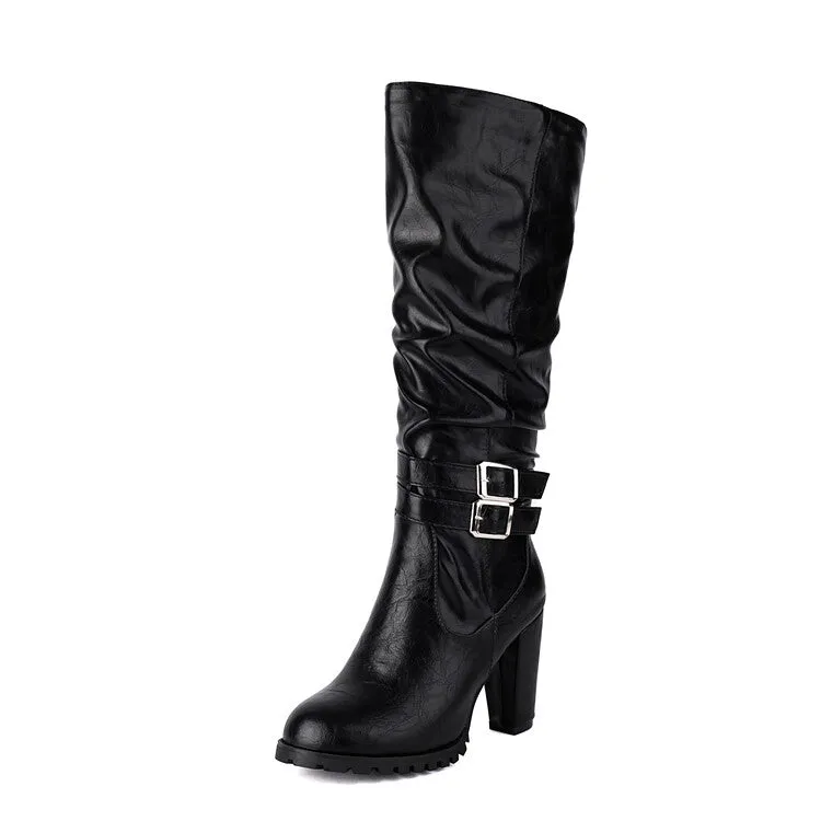 Women's Buckle Platform Block Heel Knee-High Boots