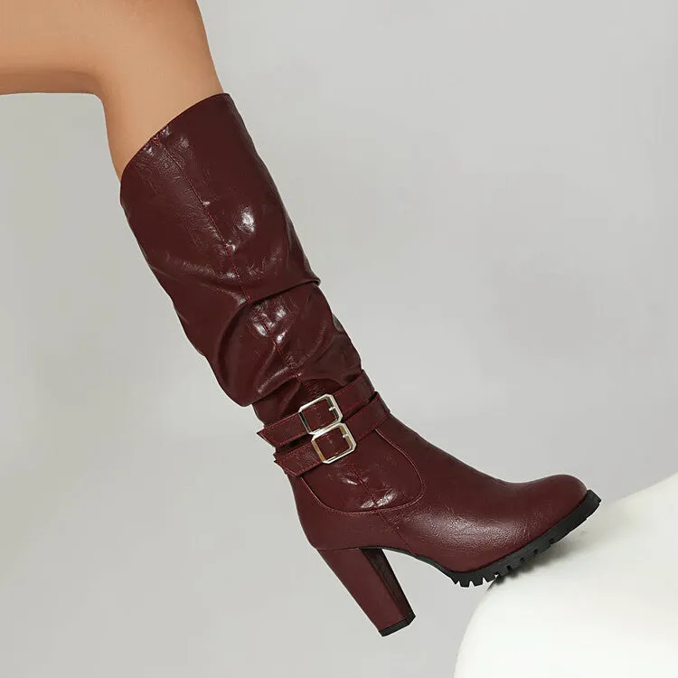 Women's Buckle Platform Block Heel Knee-High Boots