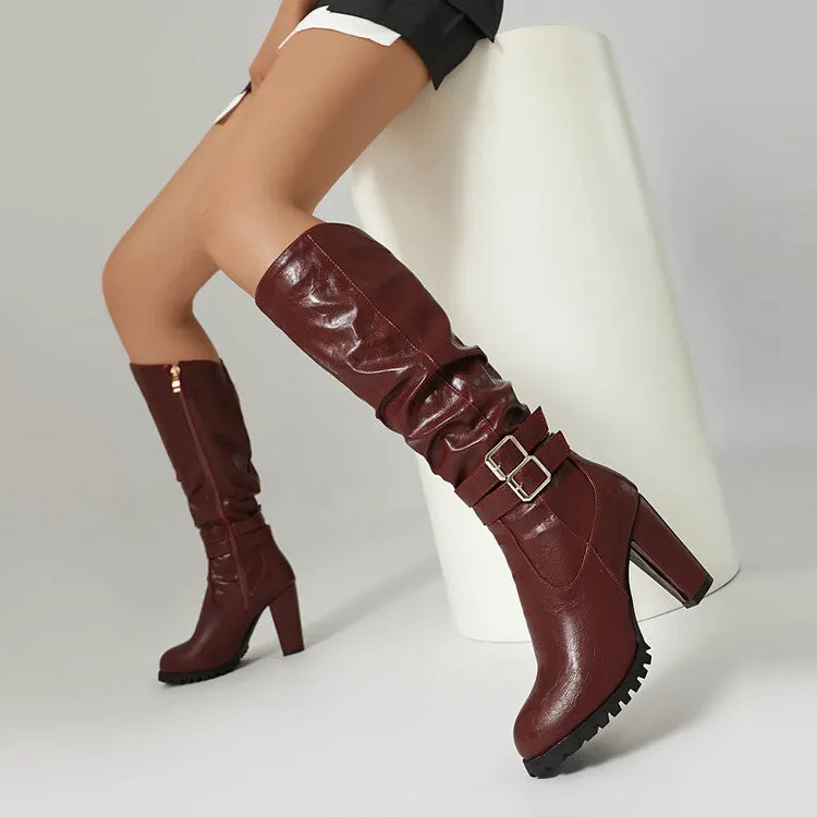 Women's Buckle Platform Block Heel Knee-High Boots