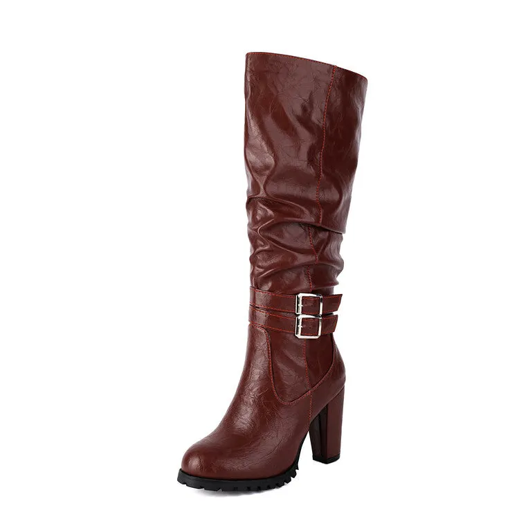 Women's Buckle Platform Block Heel Knee-High Boots