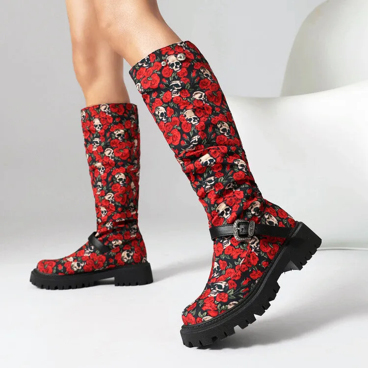 Women's Pleated Buckle Strap Round Toe Flat Platform Knee High Boots