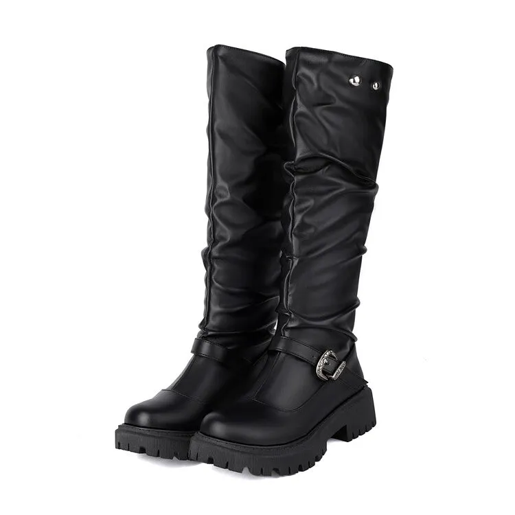 Women's Pleated Buckle Strap Round Toe Flat Platform Knee High Boots