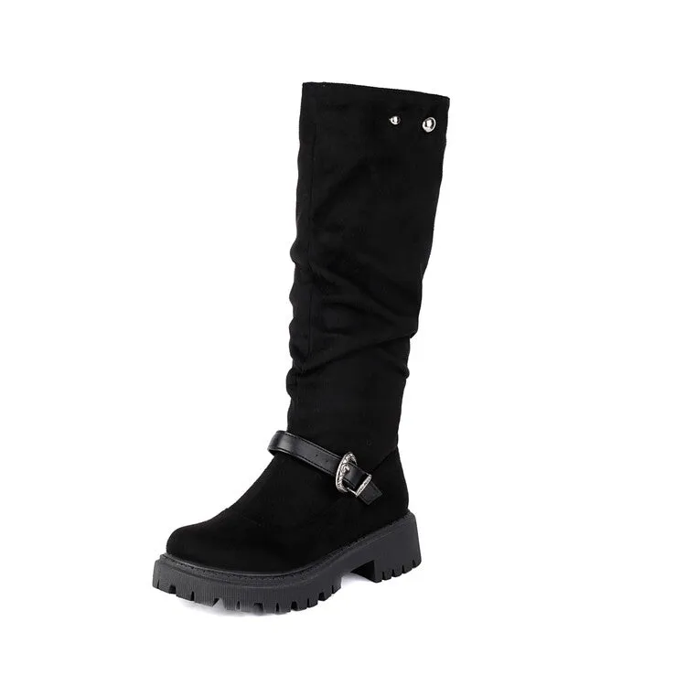 Women's Pleated Buckle Strap Round Toe Flat Platform Knee High Boots
