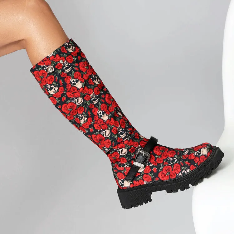 Women's Pleated Buckle Strap Round Toe Flat Platform Knee High Boots