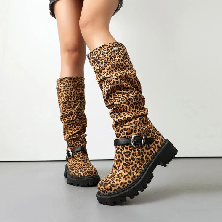 Women's Pleated Buckle Strap Round Toe Flat Platform Knee High Boots