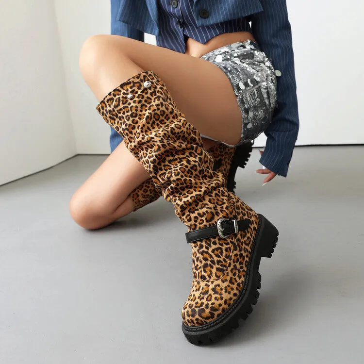 Women's Pleated Buckle Strap Round Toe Flat Platform Knee High Boots