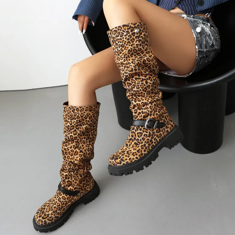 Women's Pleated Buckle Strap Round Toe Flat Platform Knee High Boots