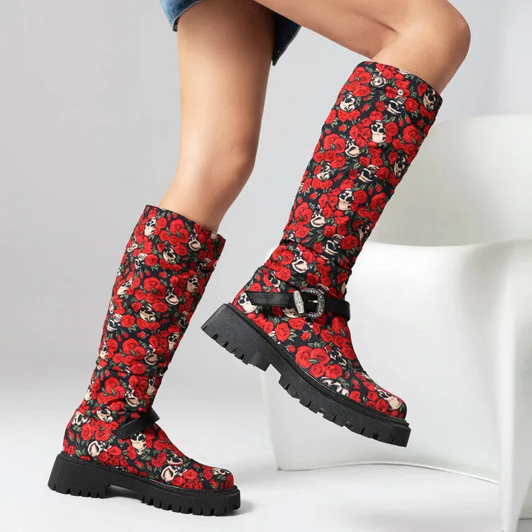 Women's Pleated Buckle Strap Round Toe Flat Platform Knee High Boots