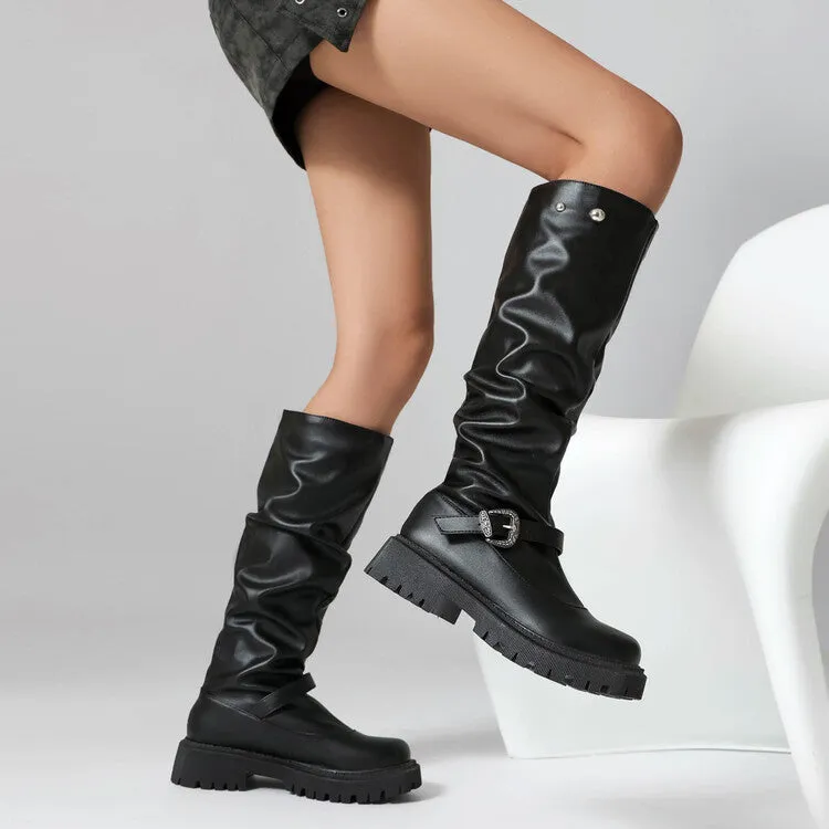 Women's Pleated Buckle Strap Round Toe Flat Platform Knee High Boots