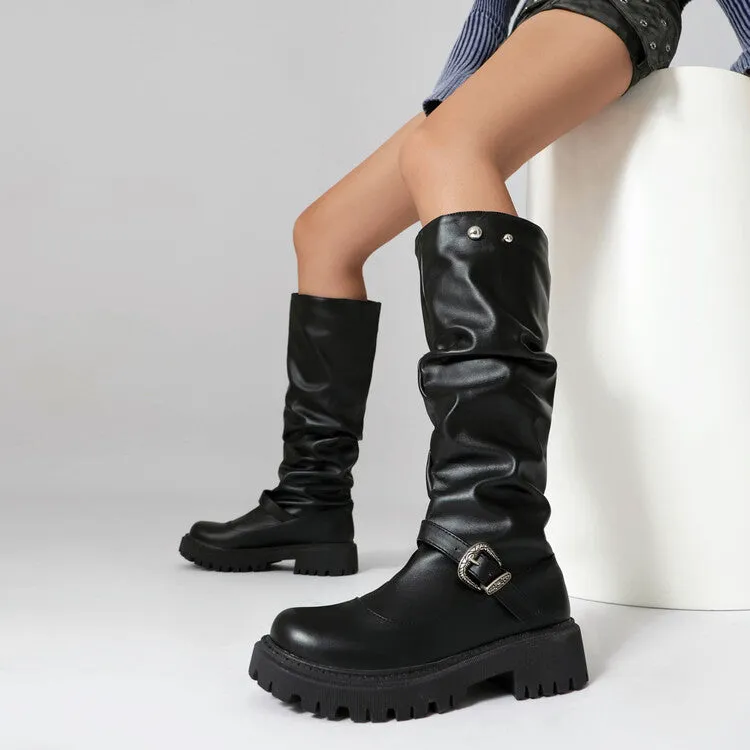 Women's Pleated Buckle Strap Round Toe Flat Platform Knee High Boots